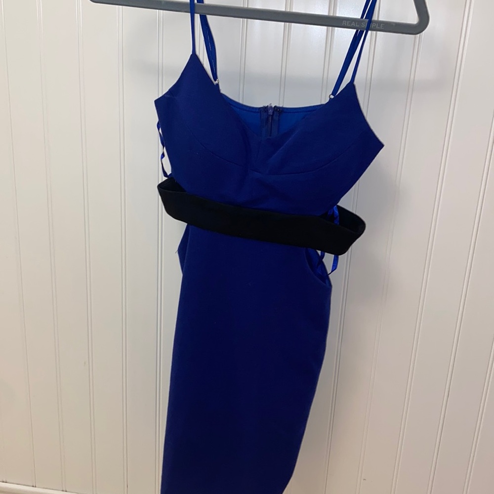 blue and black mini dress with cut outs